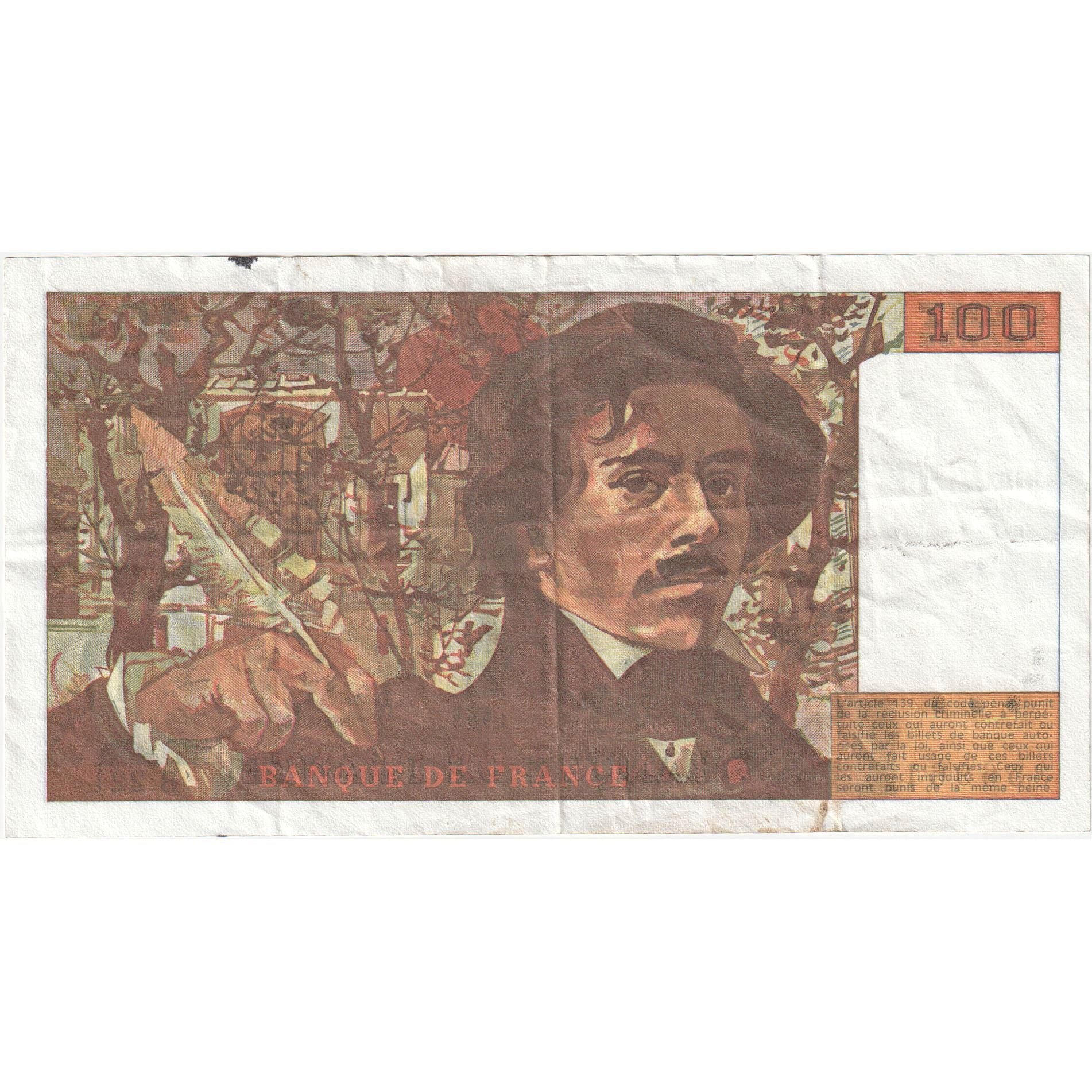 França, 100 Francs, Delacroix, 1993, B.221, VF(20-25), Fayette:69bis.7, KM:154g