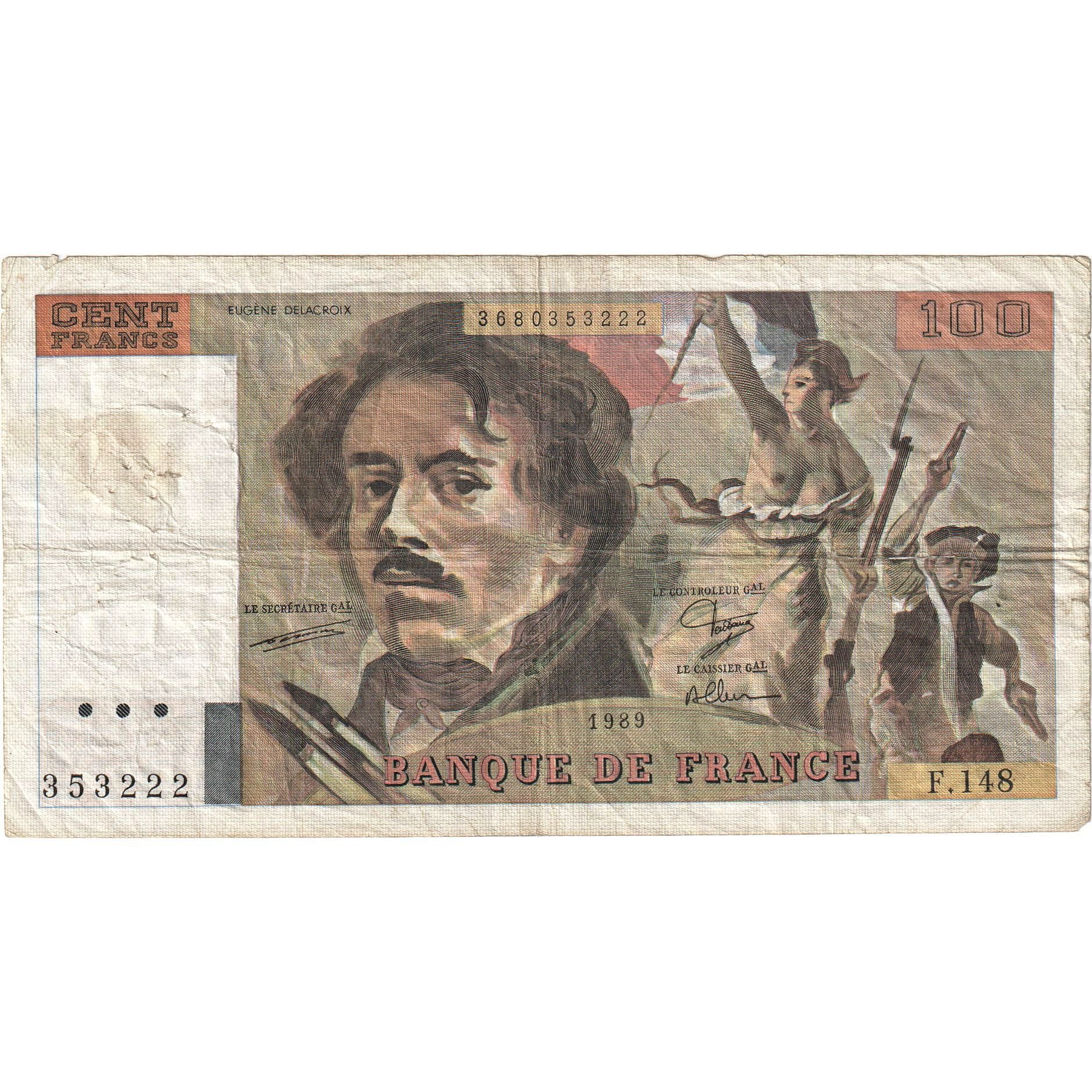 France, 100 Francs, Delacroix, 1989, F.148, VG(8-10), Fayette:69.13C, KM:154d