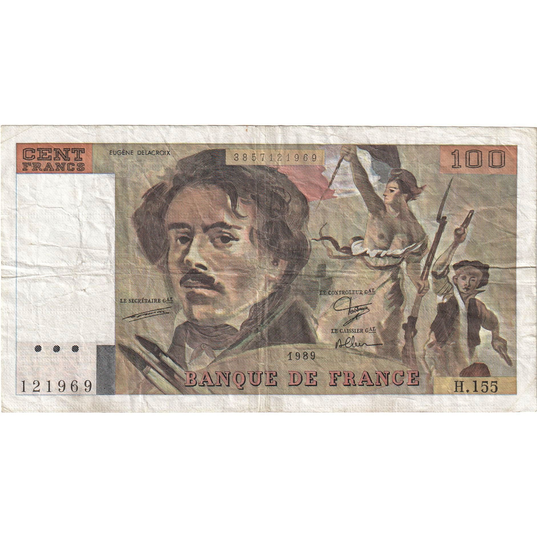 França, 100 Francs, Delacroix, 1989, H.155, VF(20-25), Fayette:69.13d, KM:154d