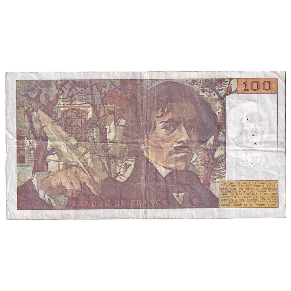 França, 100 Francs, Delacroix, 1990, L.188, VF(20-25), Fayette:69bis.2e1