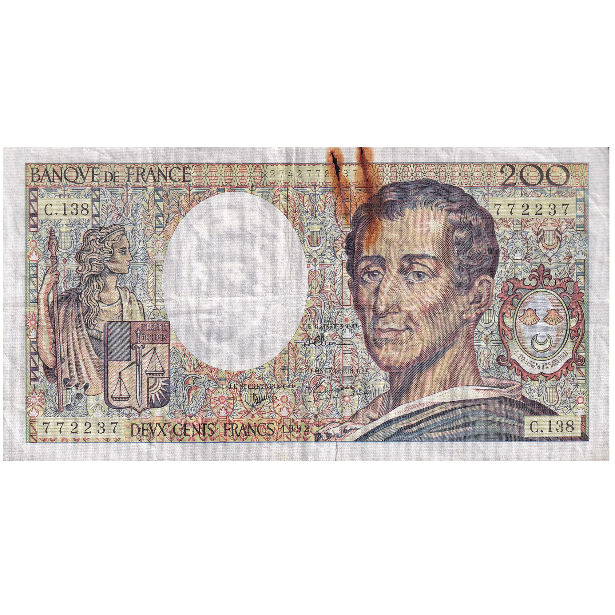 France, 200 Francs, Montesquieu, 1992, C.138, VG(8-10), Fayette:70.12c, KM:155e