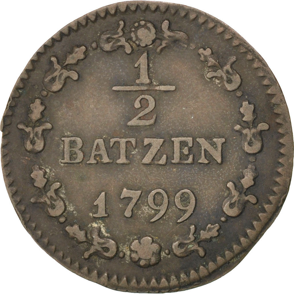 Coin, Switzerland, 1/2 Batzen, 1799, AU(50-53), Billon, KM:A6
