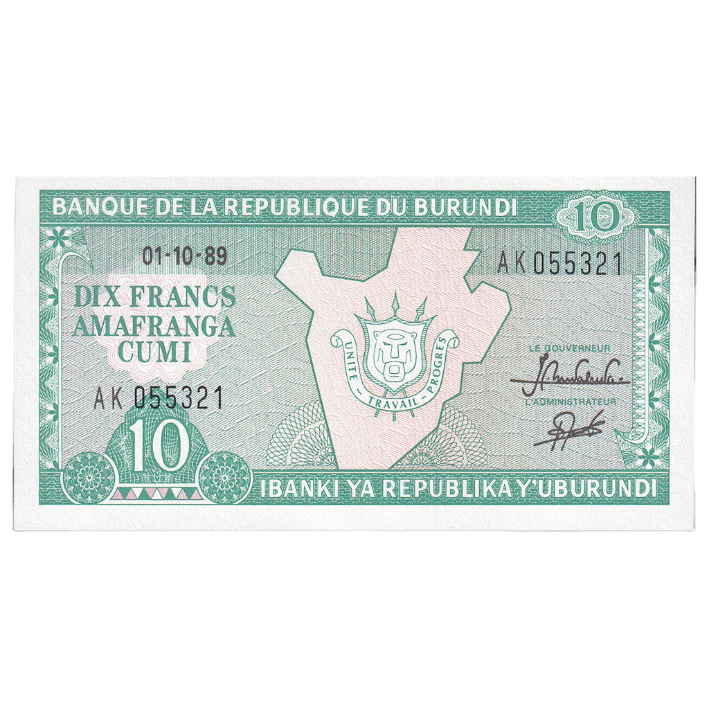 Nota, Burundi, 10 Francs, 1989, 1989-10-01, KM:33b, UNC(65-70)