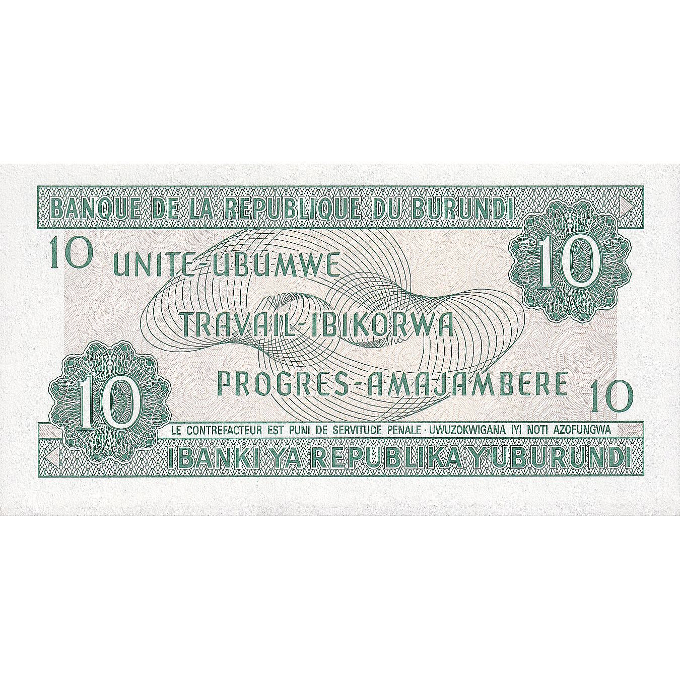 Nota, Burundi, 10 Francs, 1989, 1989-10-01, KM:33b, UNC(65-70)