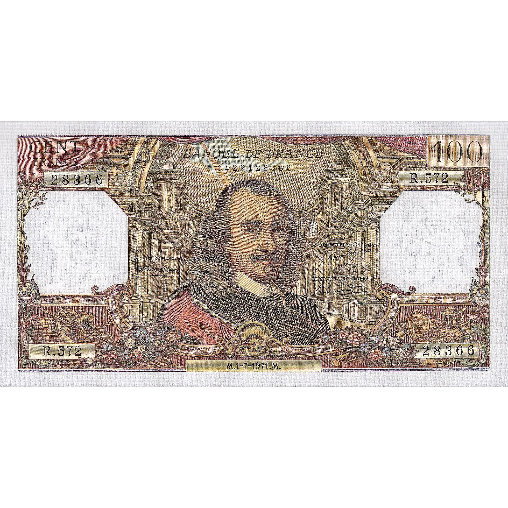 França, 100 Francs, Corneille, 1971, R.572, AU(55-58), Fayette:65.36, KM:149d