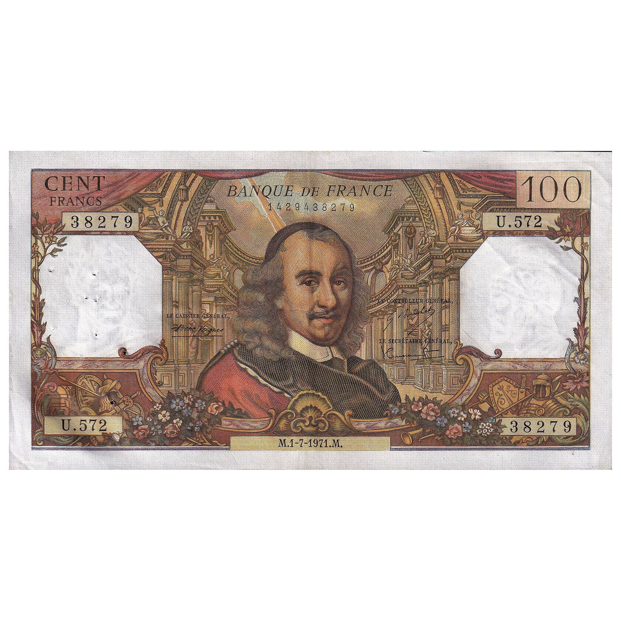 France, 100 Francs, Corneille, 1971, U.572, AU(50-53), Fayette:65.36, KM:149d
