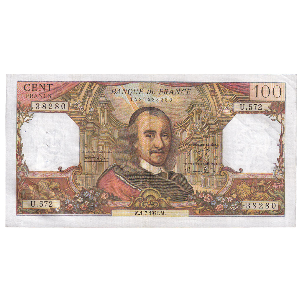 France, 100 Francs, Corneille, 1971, U.572, AU(50-53), Fayette:65.36, KM:149d