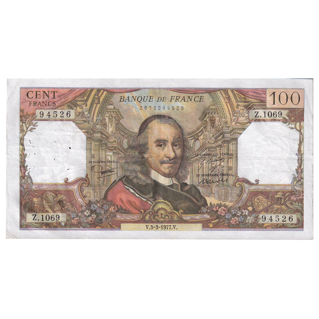 France, 100 Francs, Corneille, 1977, Z.1069, EF(40-45), Fayette:65.57, KM:149f