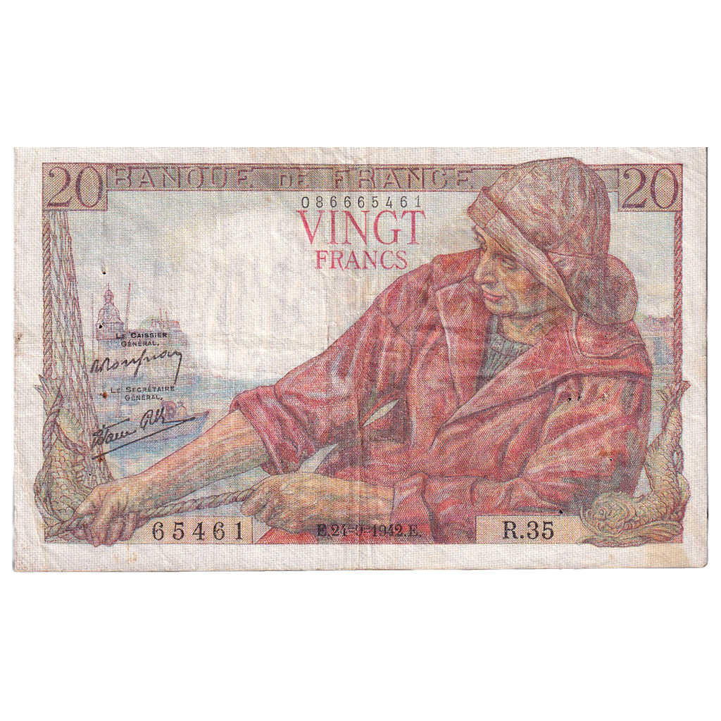 Frankreich, 20 Francs, Pêcheur, 1942, R.35, S+, Fayette:13.3, KM:100a