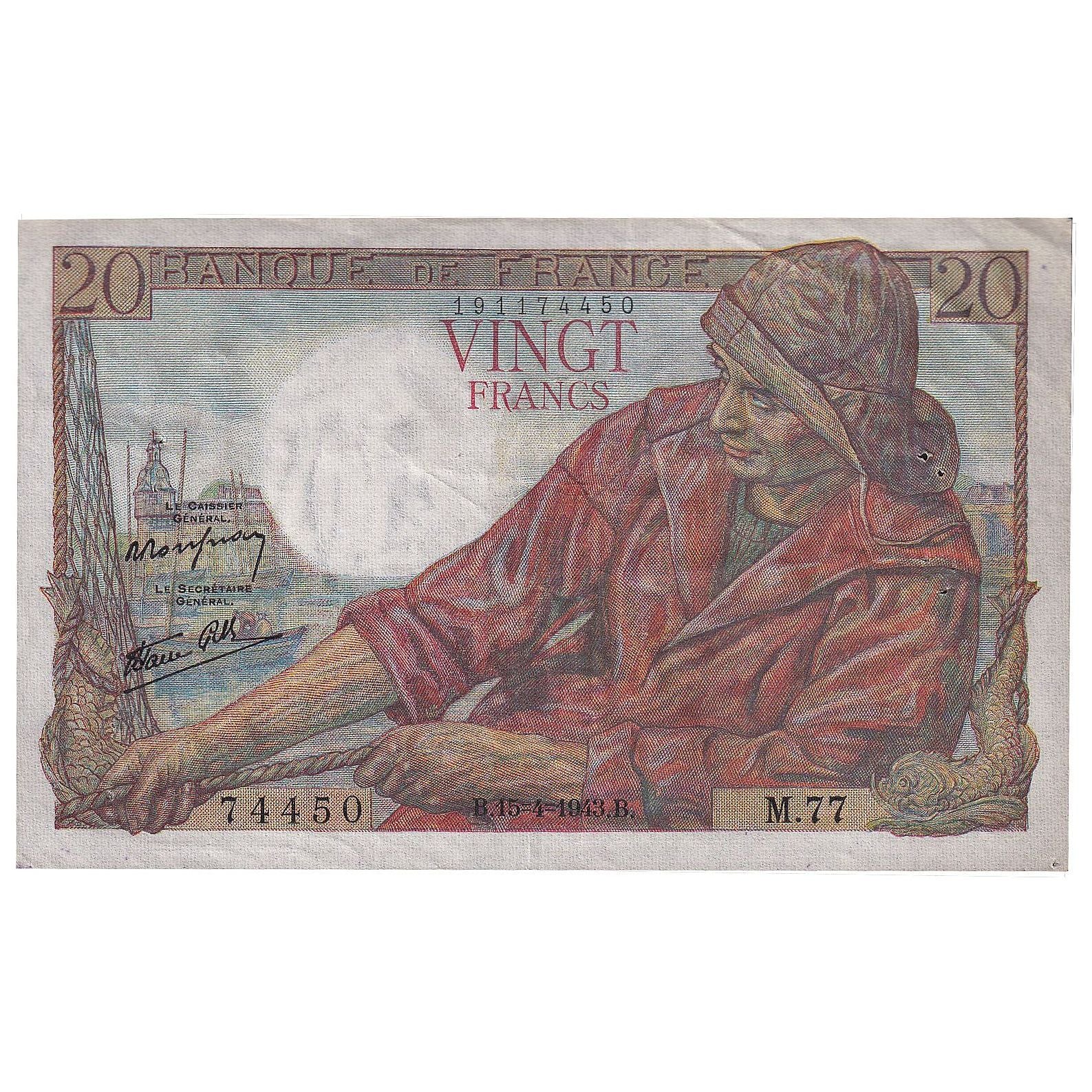 France, 20 Francs, Pêcheur, 1943, M.77, AU(55-58), Fayette:13.6, KM:100a