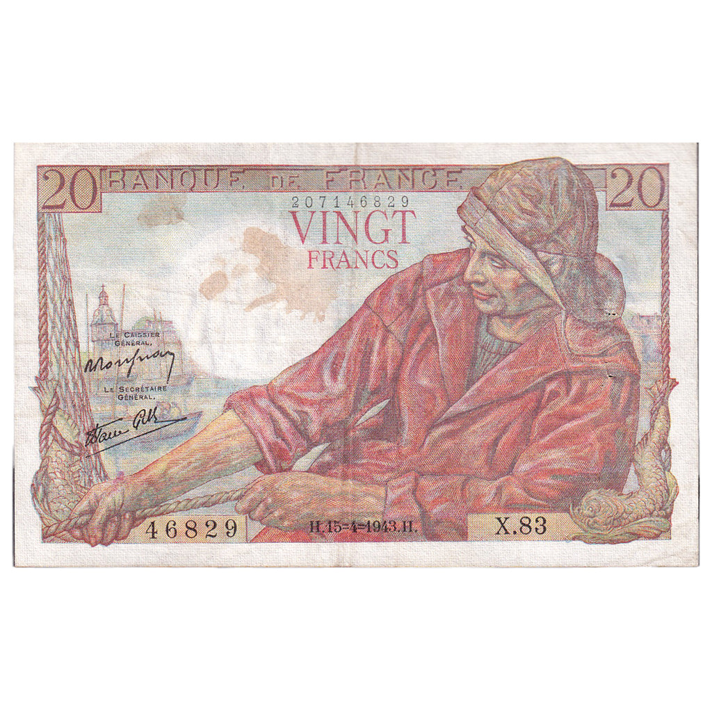 França, 20 Francs, Pêcheur, 1943, X.83, VF(30-35), Fayette:13.6, KM:100a