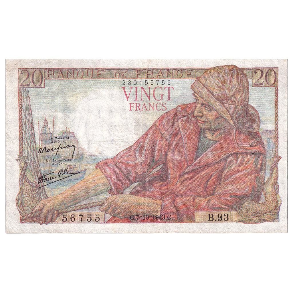 Francia, 20 Francs, Pêcheur, 1943, B.93, MBC+, Fayette:13.7, KM:100a