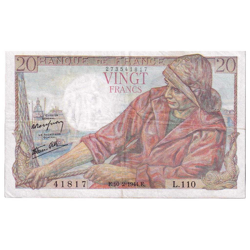 França, 20 Francs, Pêcheur, 1944, L.110, EF(40-45), Fayette:13.8, KM:100a