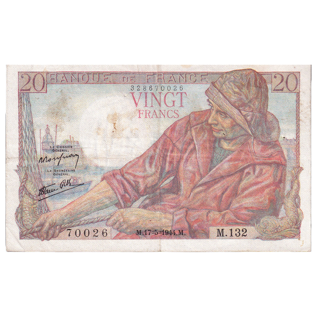 Francia, 20 Francs, Pêcheur, 1944, M.132, BB, Fayette:13.9, KM:100a