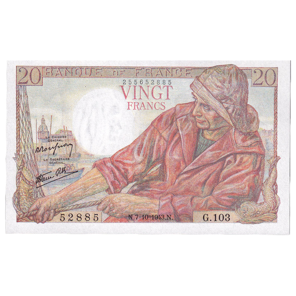 Francia, 20 Francs, Pêcheur, 1943, G.103, UNC, Fayette:13.7, KM:100a