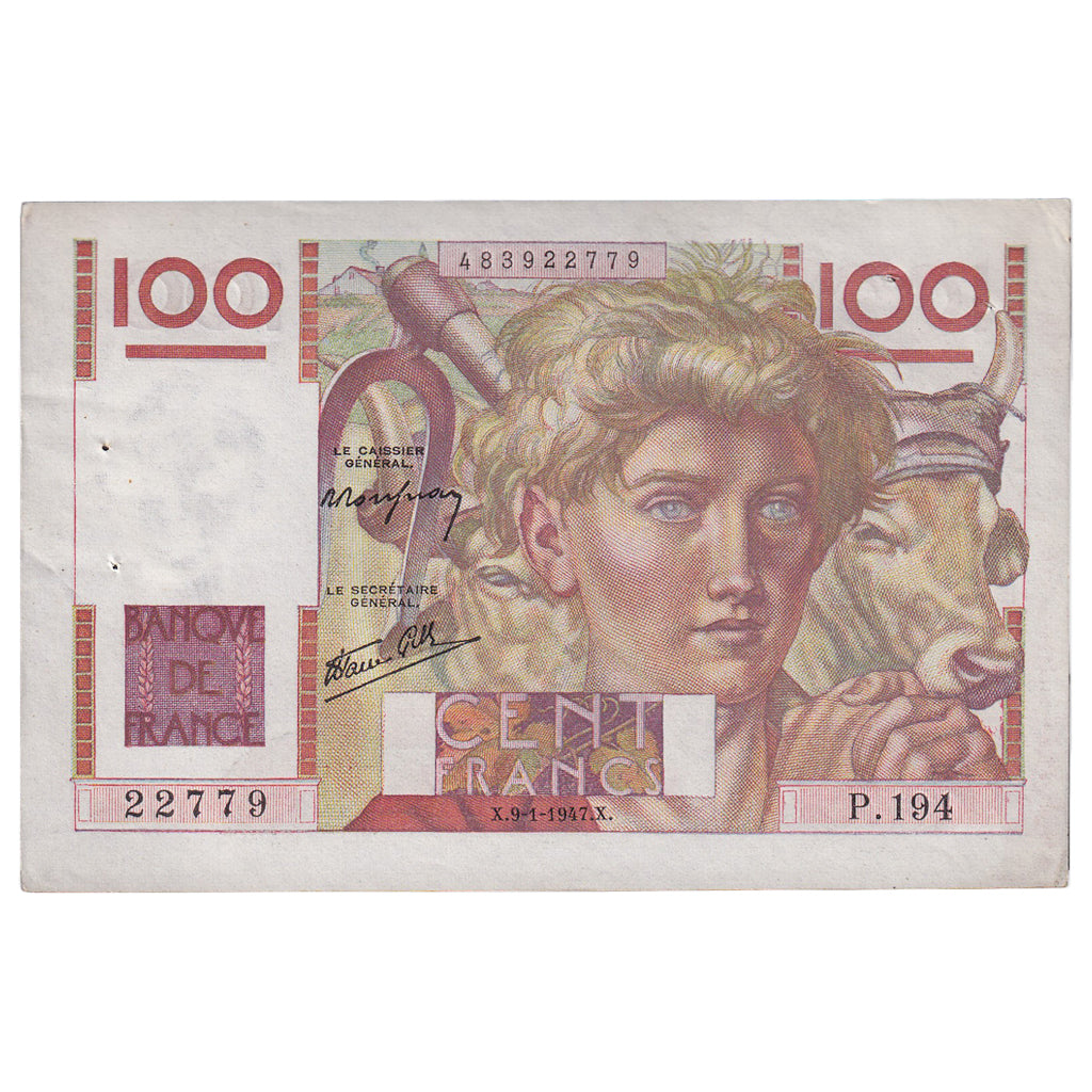 França, 100 Francs, Jeune Paysan, 1947, P.194, AU(50-53), Fayette:28.13