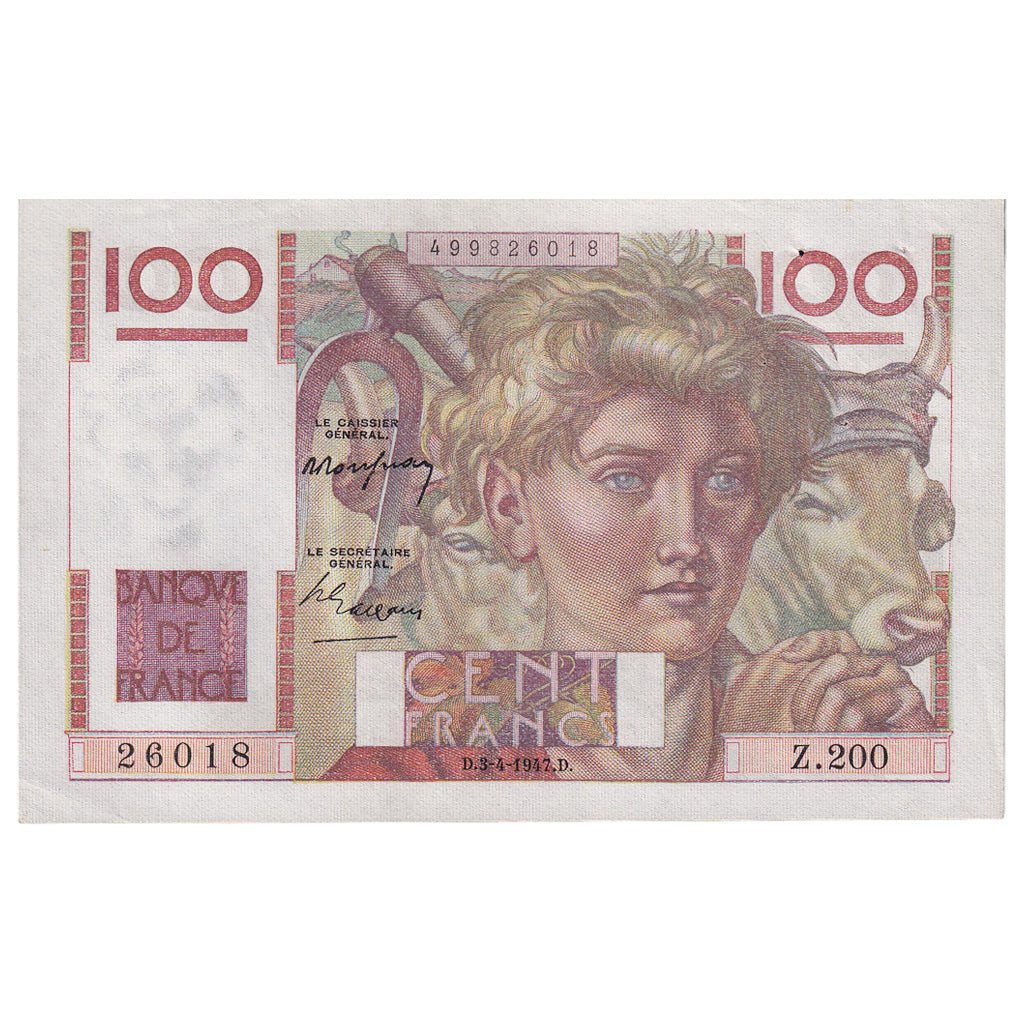 França, 100 Francs, Jeune Paysan, 1947, Z.200, AU(50-53), Fayette:28.14