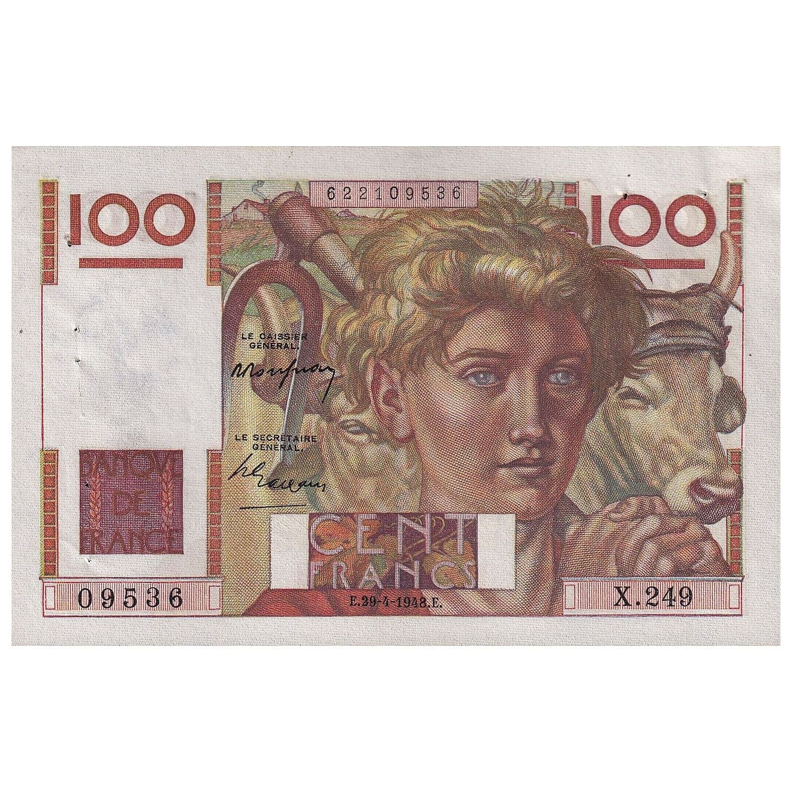 França, 100 Francs, Jeune Paysan, 1948, X.249, AU(50-53), Fayette:28.18