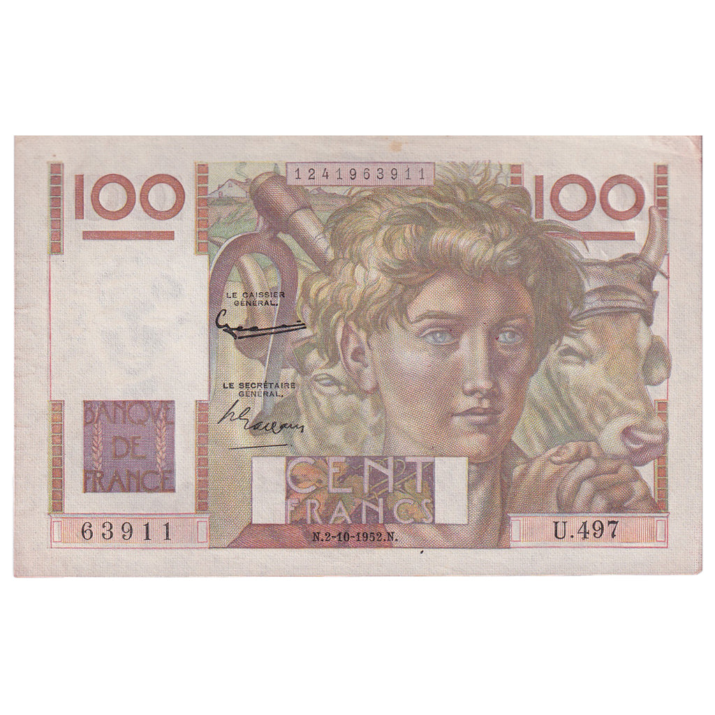 Francia, 100 Francs, Jeune Paysan, 1952, U.497, BB, Fayette:28.34, KM:128d