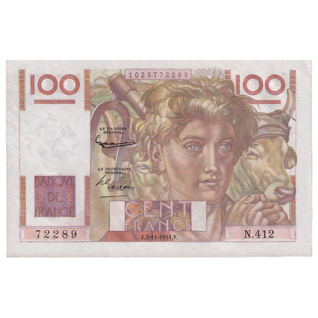 França, 100 Francs, Jeune Paysan, 1951, N.412, UNC(63), Fayette:28.30, KM:128d
