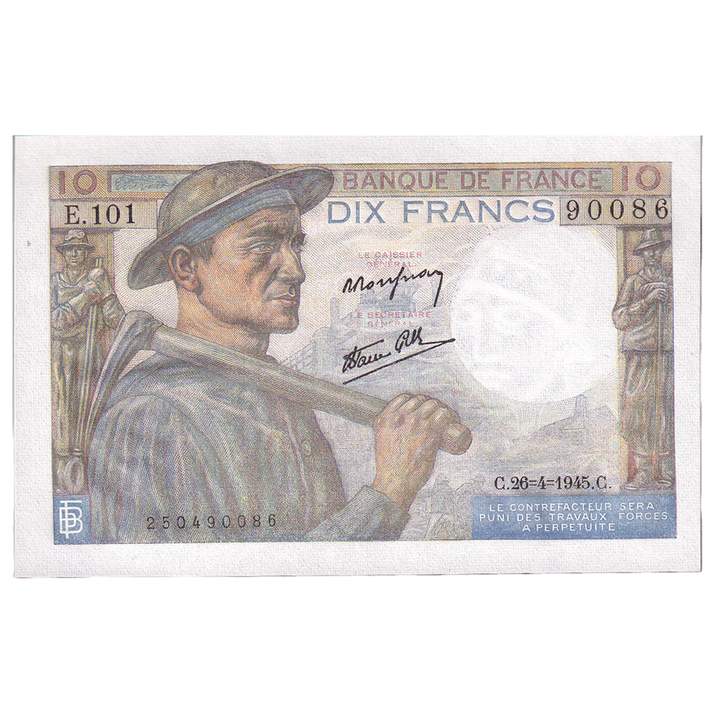Francia, 10 Francs, Mineur, 1945, E.101, FDS, Fayette:8.14, KM:99e