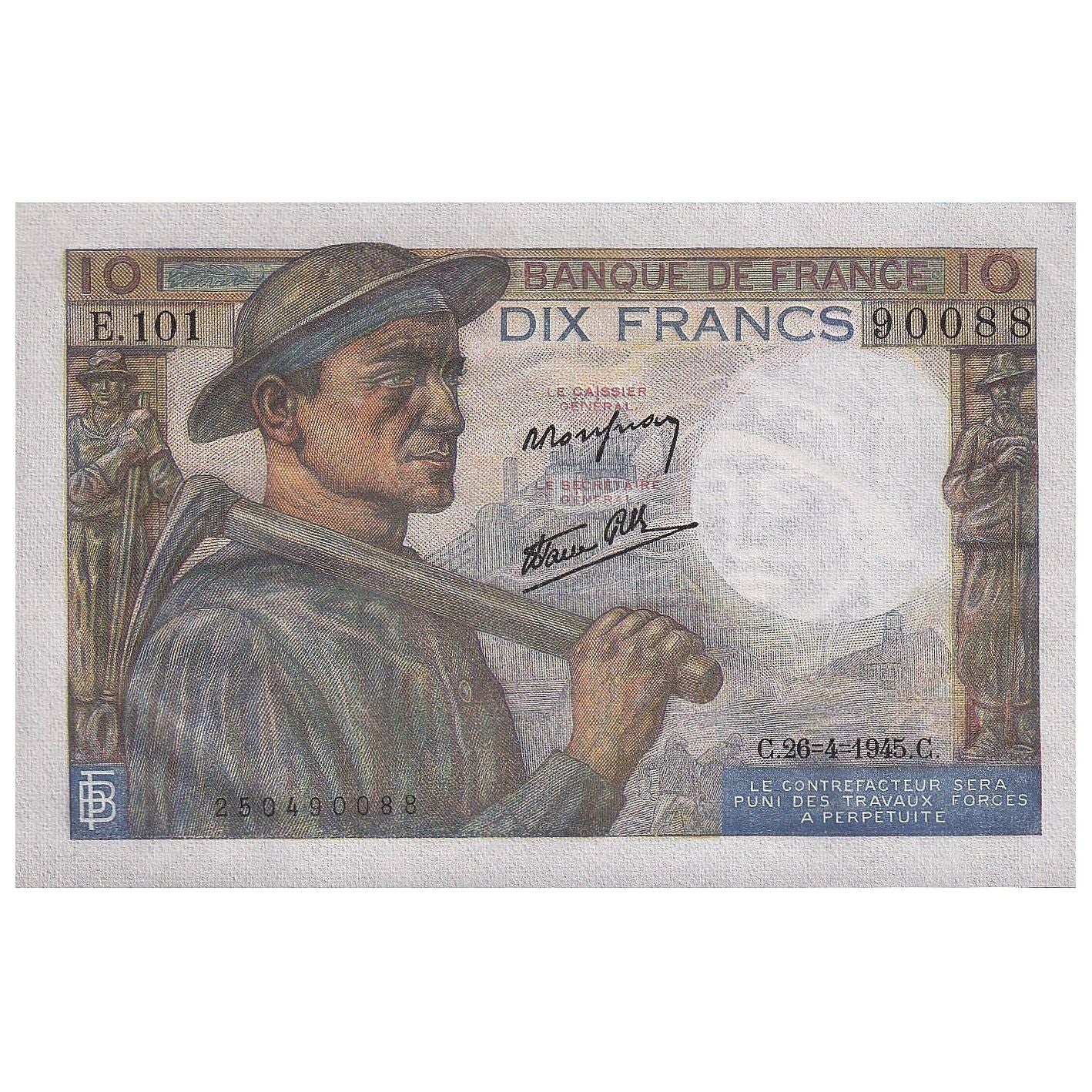 France, 10 Francs, Mineur, 1945, E.101, UNC(65-70), Fayette:8.14, KM:99e