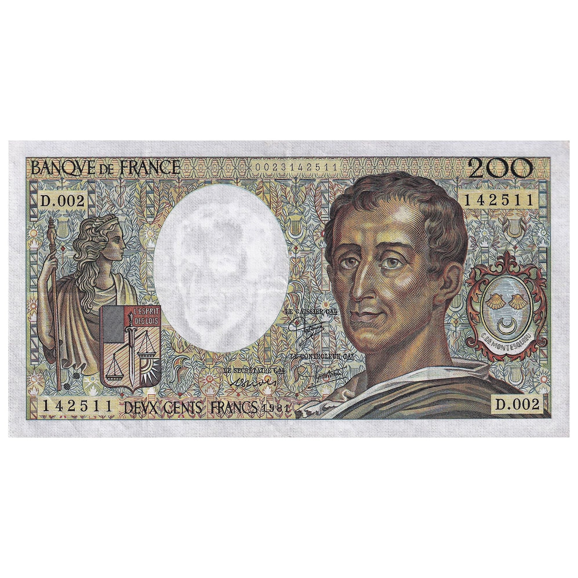 Francja, 200 Francs, Montesquieu, 1981, D.002, AU(55-58), Fayette:70.01, KM:155a
