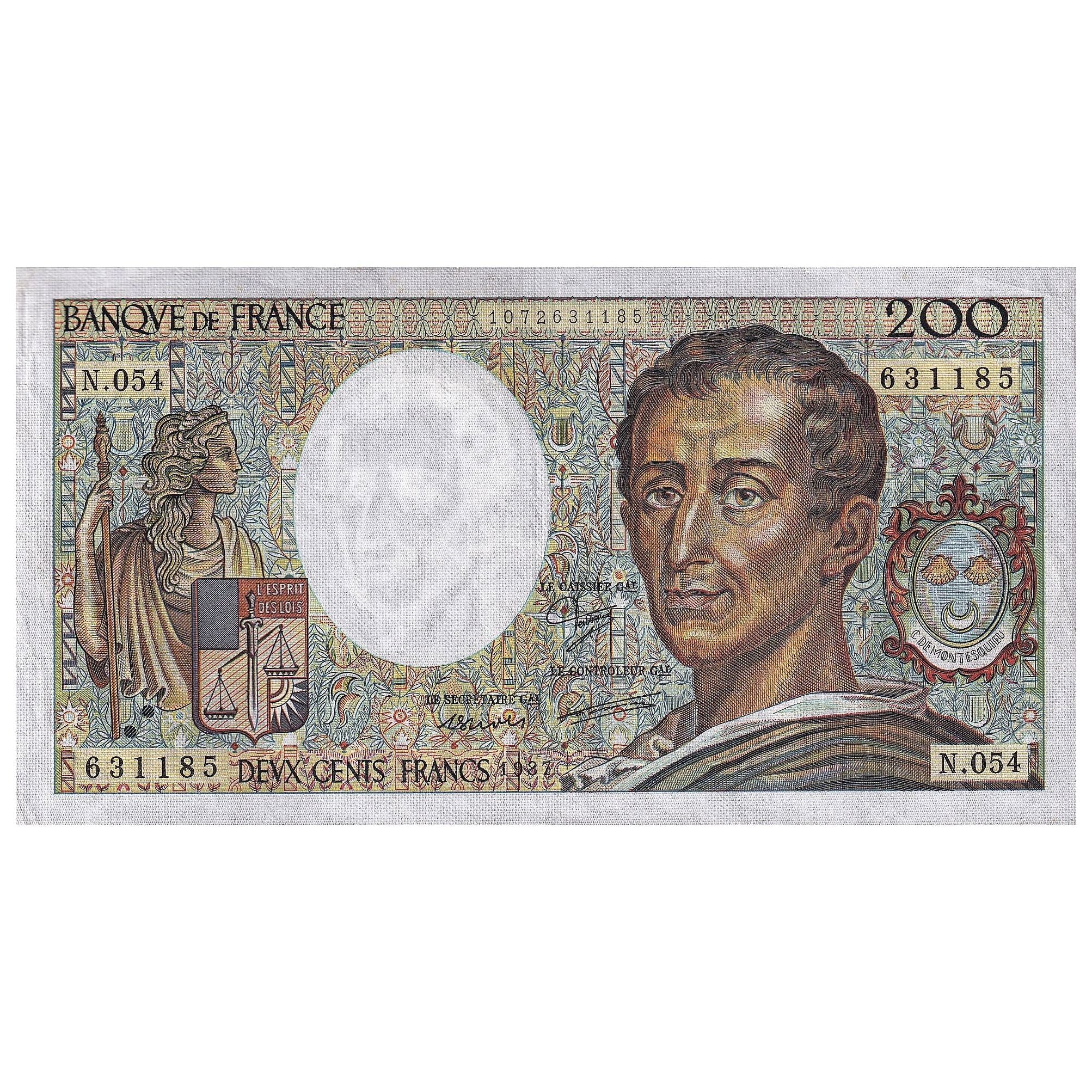 France, 200 Francs, Montesquieu, 1987, N.054, AU(50-53), Fayette:70.07, KM:155b