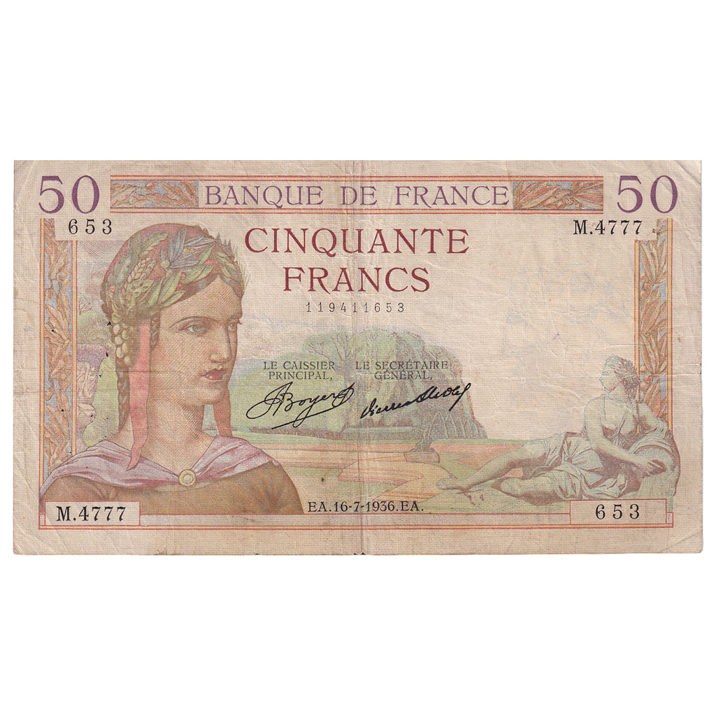 Francia, 50 Francs, Cérès, 1936, M.4777, MB, Fayette:17.28, KM:81