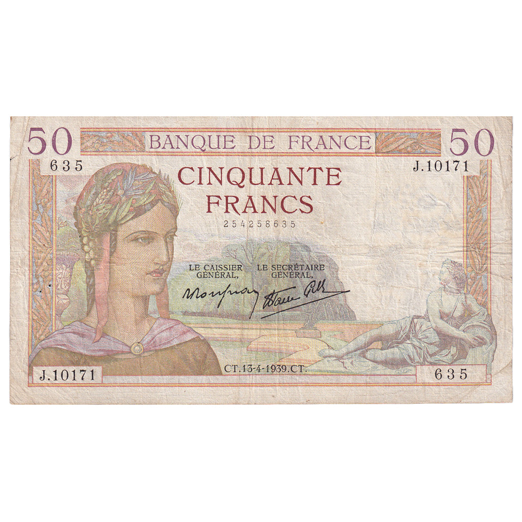 Francja, 50 Francs, Cérès, 1939, J.10171, VF(20-25), Fayette:18.25, KM:85b