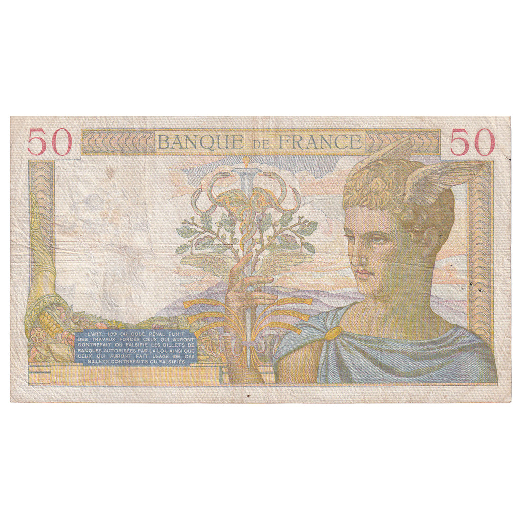 Francja, 50 Francs, Cérès, 1939, J.10171, VF(20-25), Fayette:18.25, KM:85b
