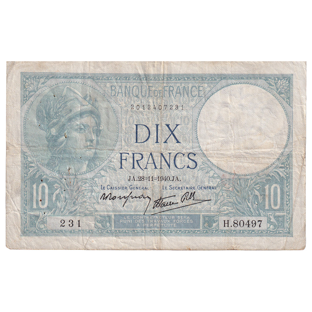 Francia, 10 Francs, Minerve, 1940, H.80497, MB, Fayette:07.22, KM:84