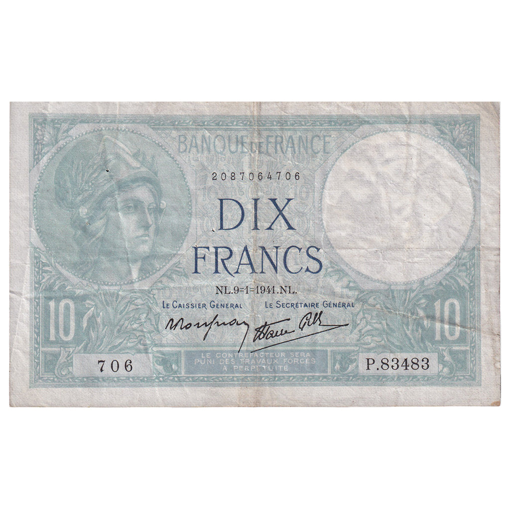 Francia, 10 Francs, Minerve, 1941, P.83483, MB+, Fayette:7.27, KM:84