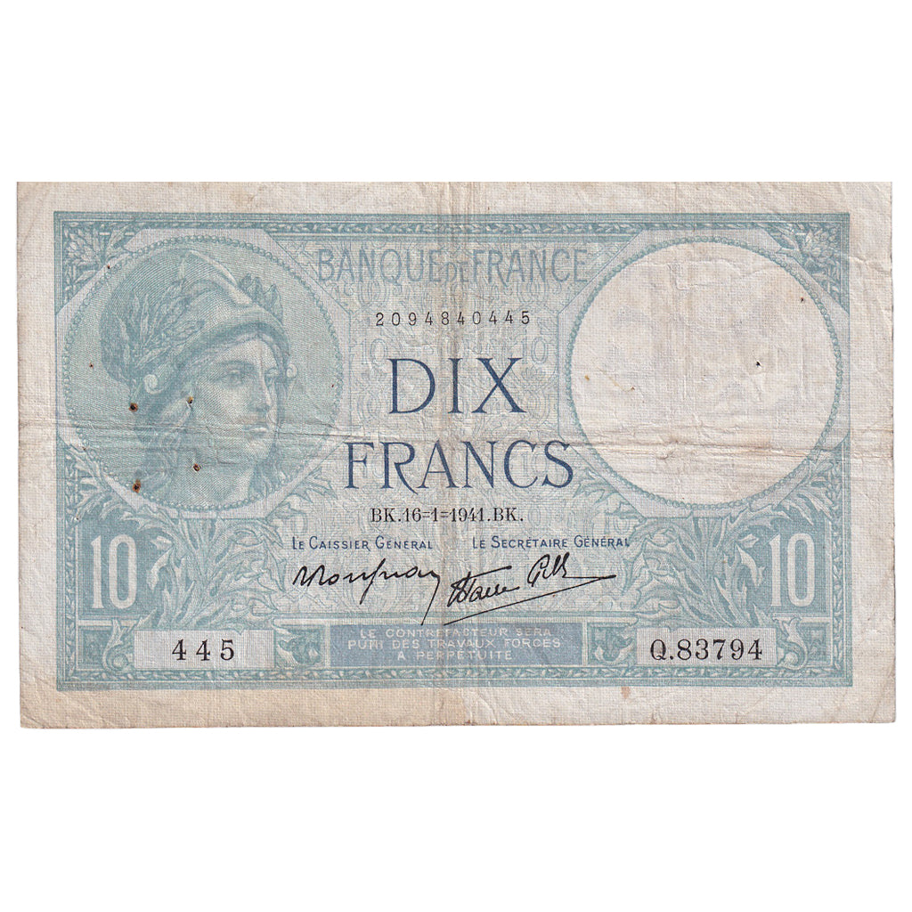 Francia, 10 Francs, Minerve, 1941, Q.83794, MB, Fayette:7.28, KM:84