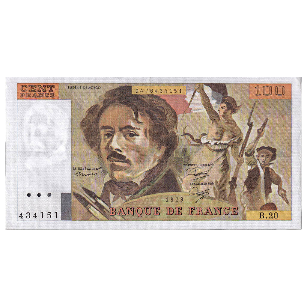 France, 100 Francs, Delacroix, 1979, B.20, EF(40-45), Fayette:69.03, KM:154b
