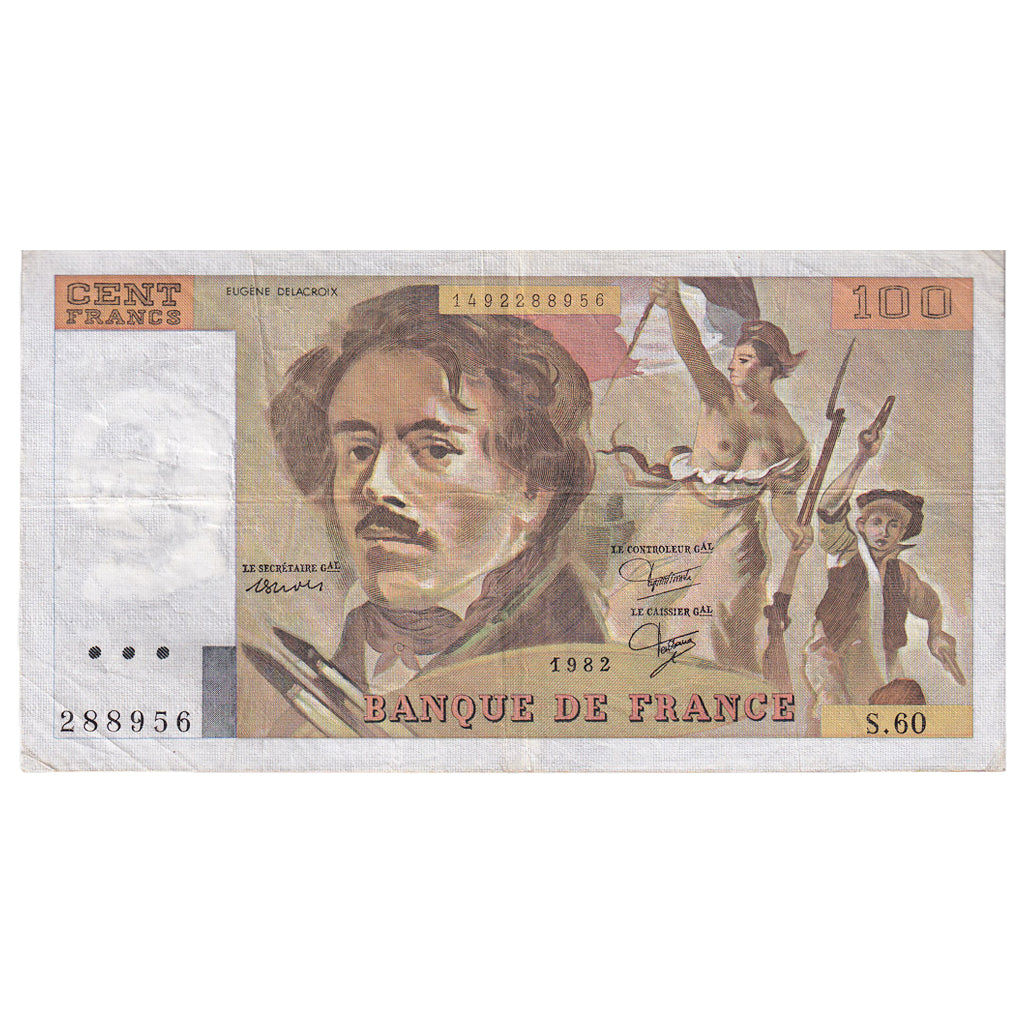 France, 100 Francs, Delacroix, 1982, S.60, EF(40-45), Fayette:69.06, KM:154b