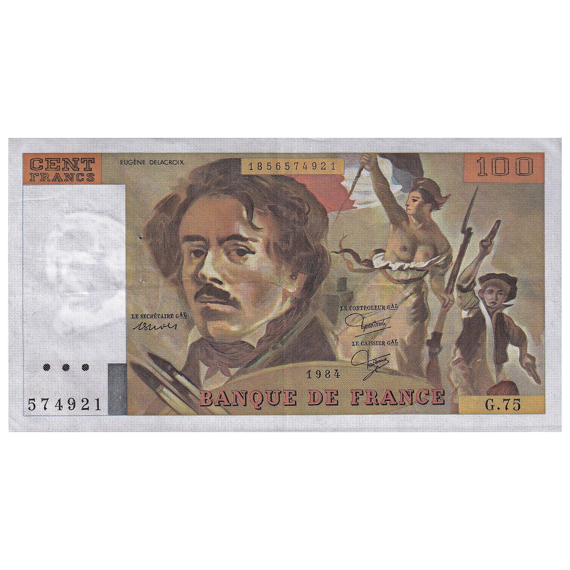 Francja, 100 Francs, Delacroix, 1984, G.75, AU(50-53), Fayette:69.08a, KM:154b