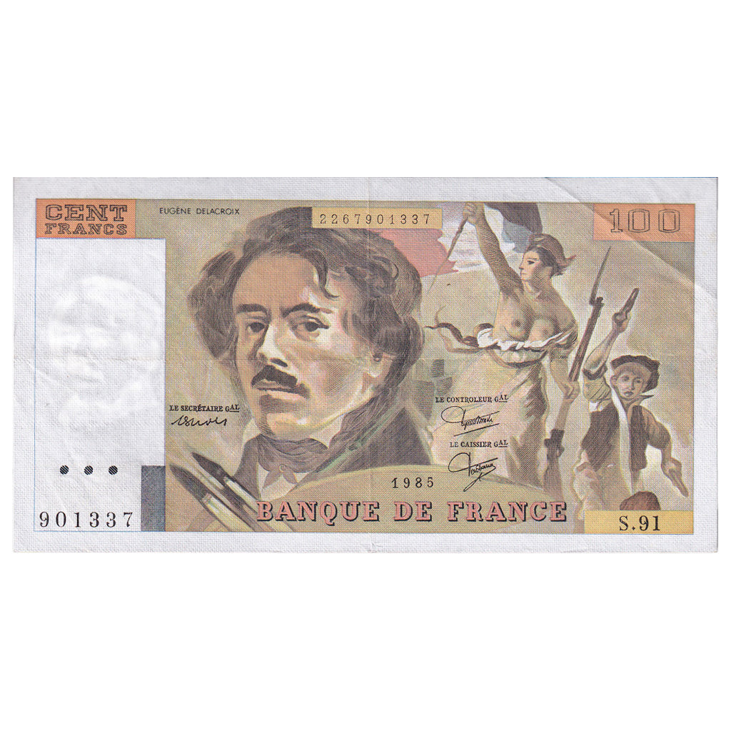 France, 100 Francs, Delacroix, 1985, S.91, EF(40-45), Fayette:69.09, KM:154b