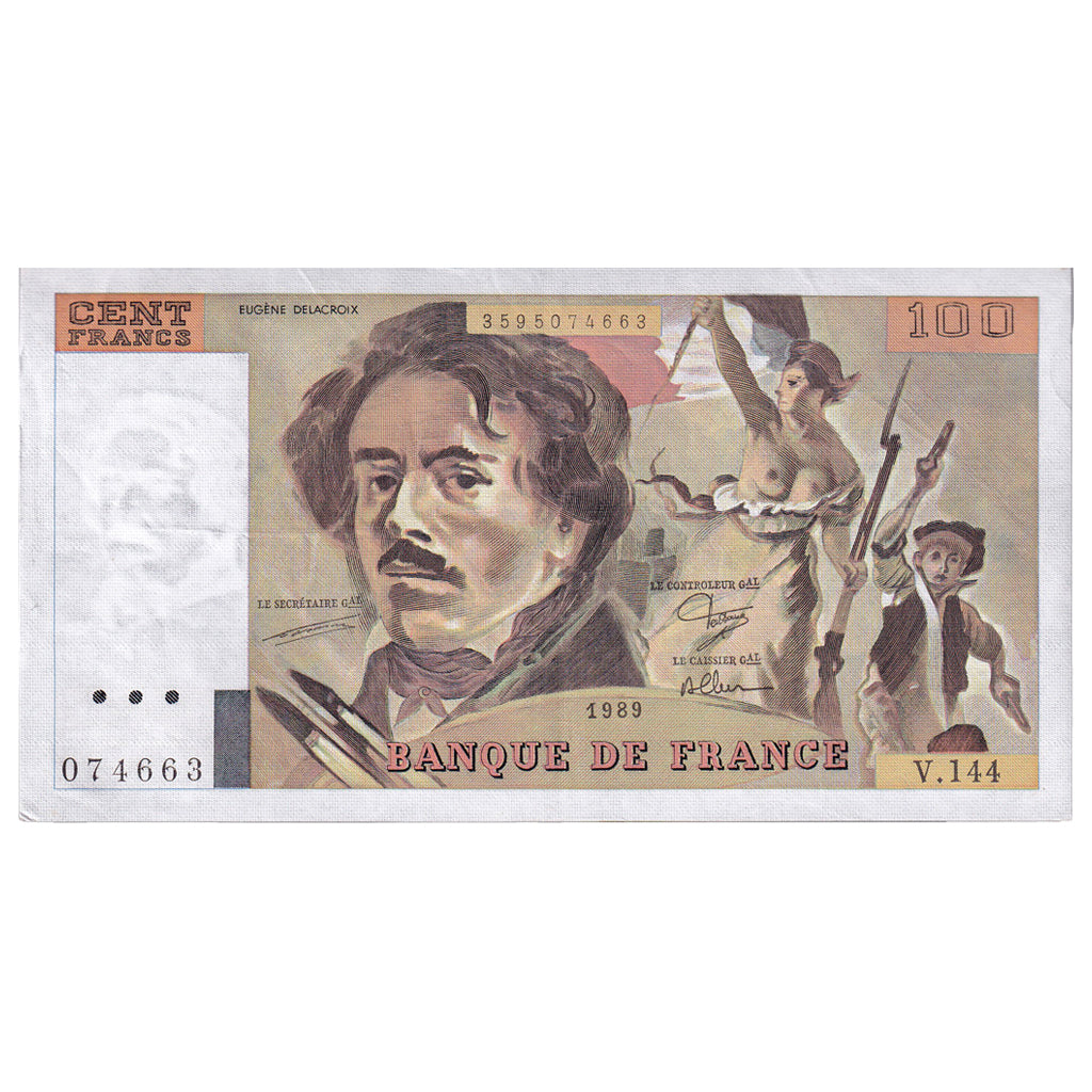 França, 100 Francs, Delacroix, 1989, V.144, EF(40-45), Fayette:69.13C, KM:154d