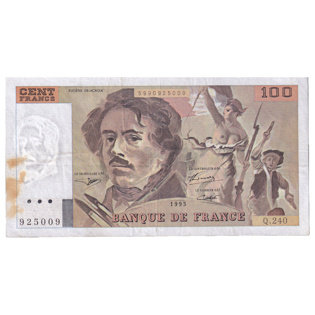 France, 100 Francs, Delacroix, 1993, Q.240, VF(30-35), Fayette:69bis.08, KM:154g
