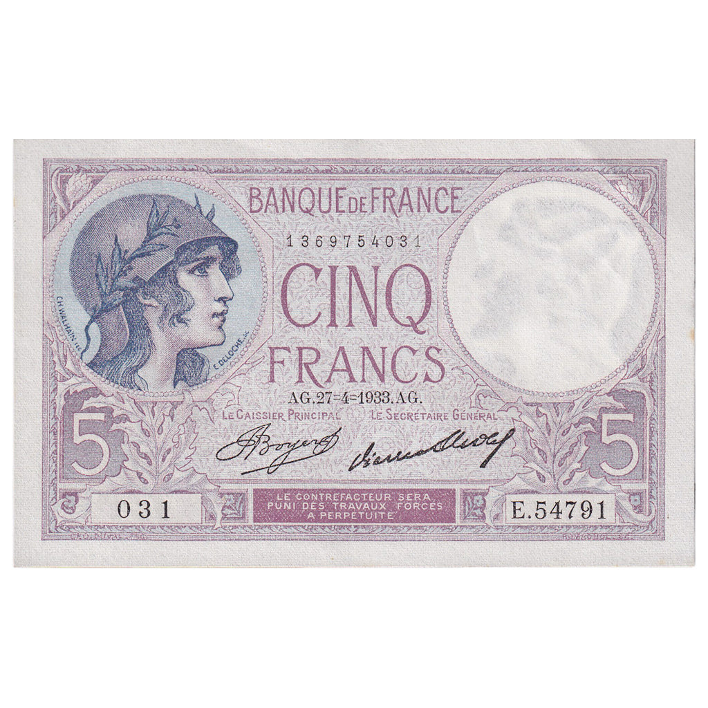 Frankreich, 5 Francs, Violet, 1933, E.54791, UNZ-, Fayette:03.17, KM:72e