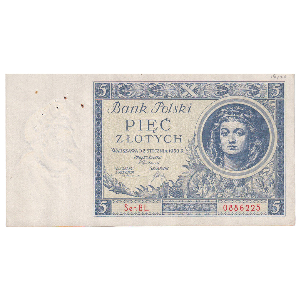 Banknot, Polska, 5 Zlotych, 1930, 1930-01-02, KM:72, AU(55-58)