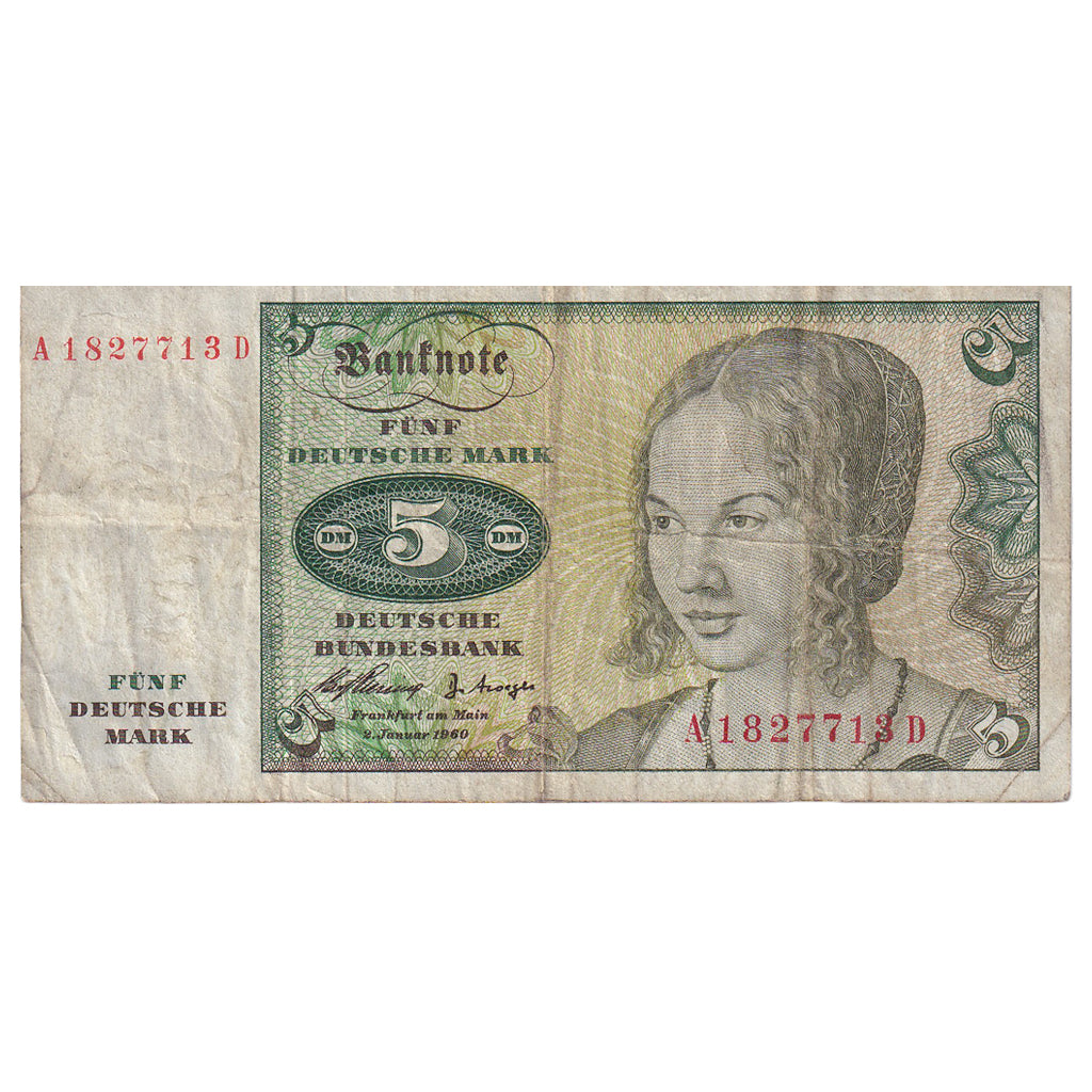 Billete, 5 Deutsche Mark, 1960, ALEMANIA - REPÚBLICA FEDERAL, 1960-01-02