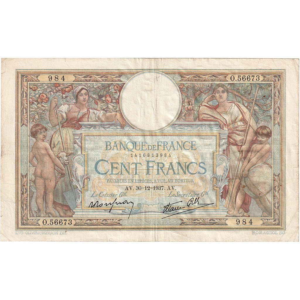 Francia, 100 Francs, Luc Olivier Merson, 1937, O.56673, MB+, Fayette:25.07