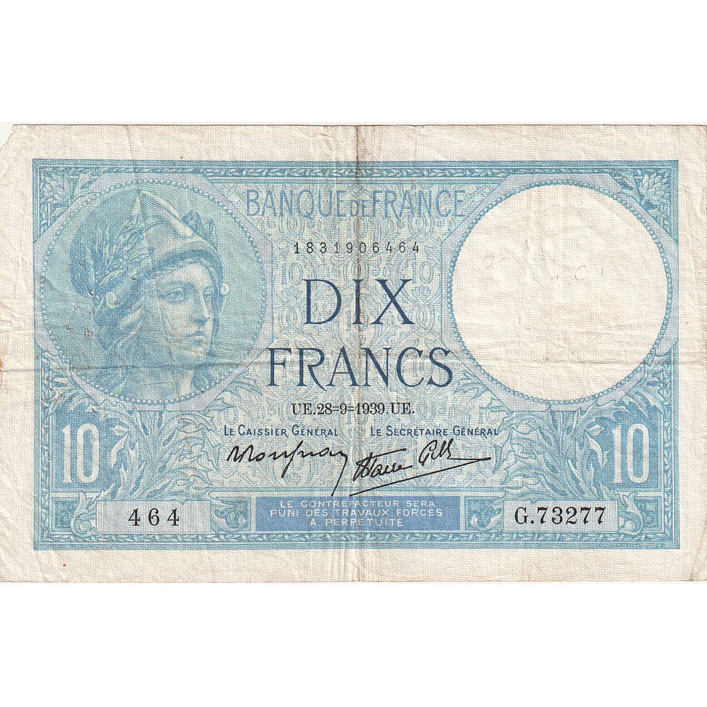 França, 10 Francs, Minerve, 1939, G.73277, EF(40-45), Fayette:07.9, KM:84