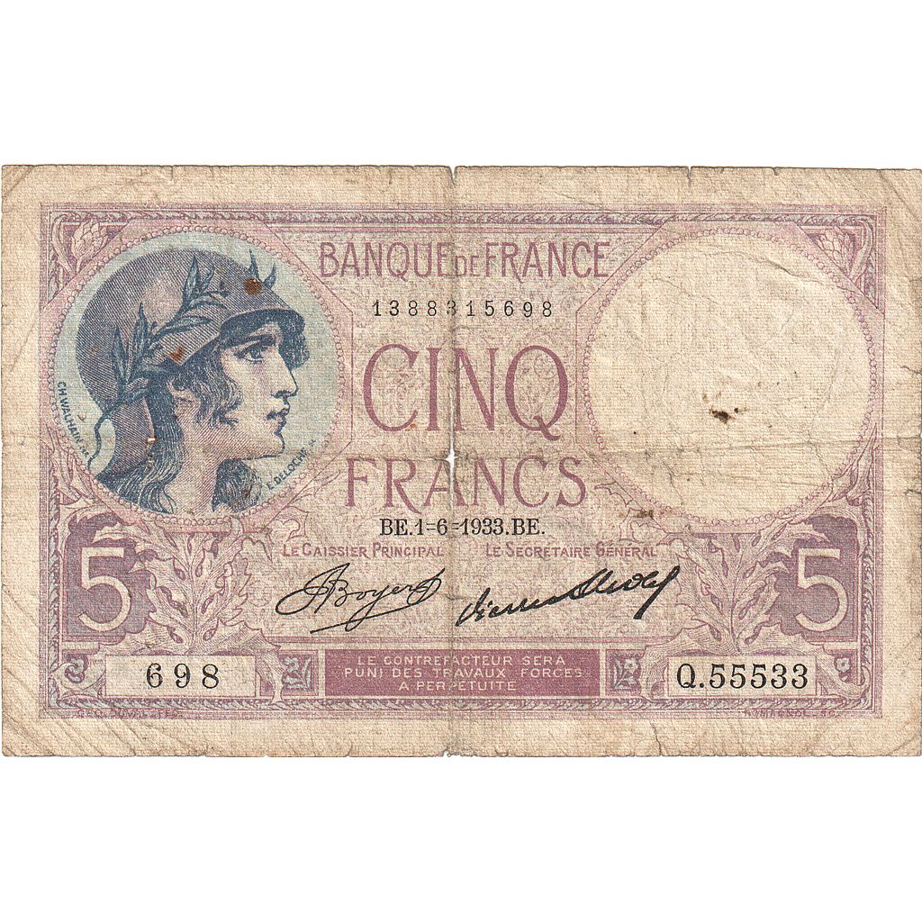 France, 5 Francs, Violet, 1933, Q.55533, AB, Fayette:03.17, KM:72e