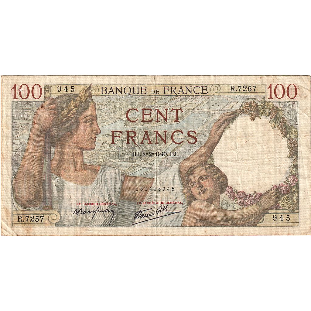 France, 100 Francs, Sully, 1940, R.7257, VF(30-35), Fayette:26.22, KM:94