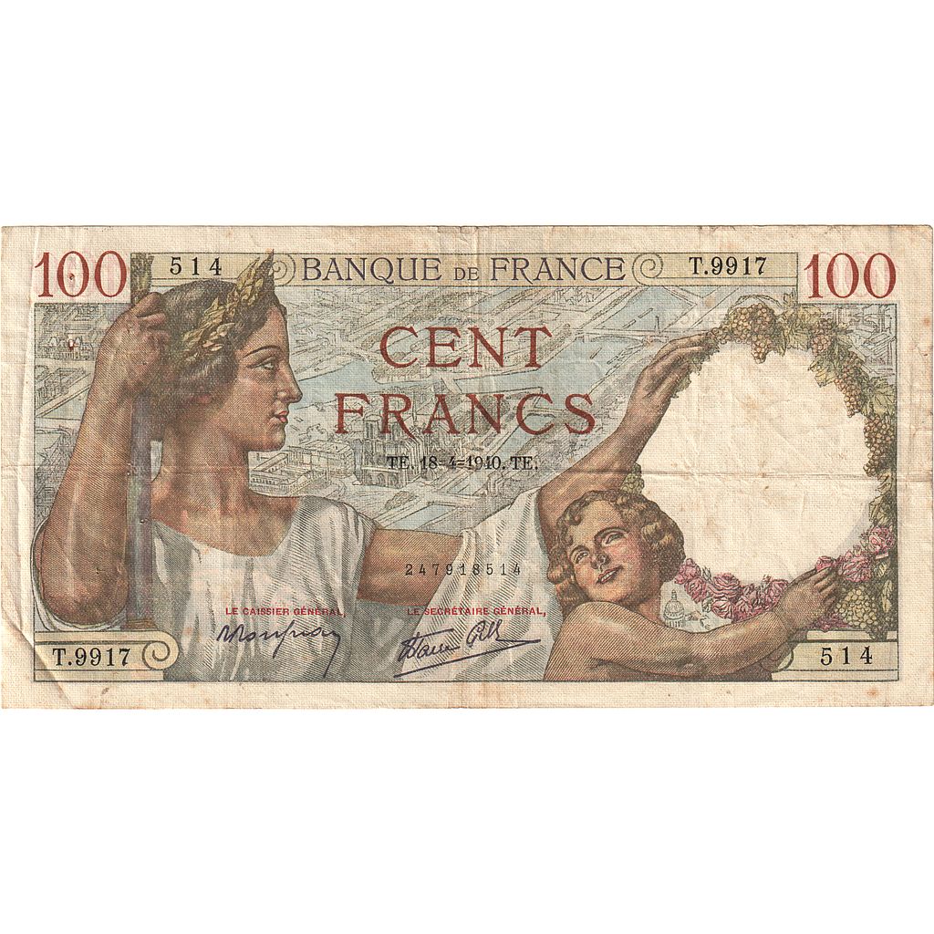 France, 100 Francs, Sully, 1940, T.9917, VF(30-35), Fayette:26.27, KM:94