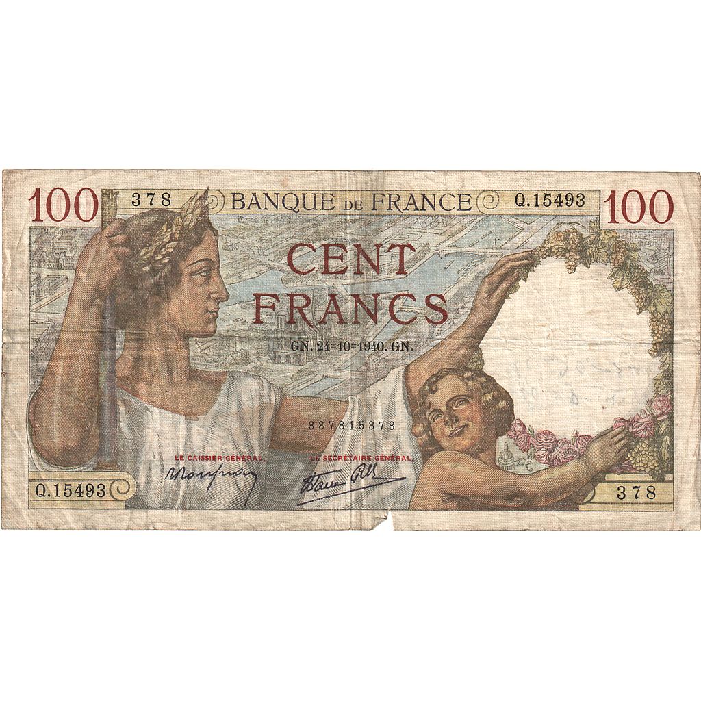 France, 100 Francs, Sully, 1940, Q.15493, VF(20-25), Fayette:26.39, KM:94