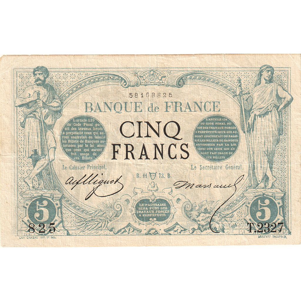France, 5 Francs, Noir, 1873-04-11, T.2327, VF 25, PMG